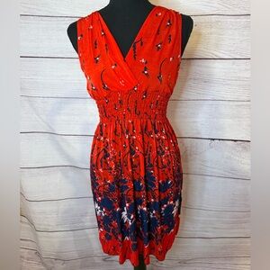 LIKE NEW red and navy blue deep v-neck lightweight kneelength dress